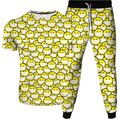 Men Women Fashion Kawaii Anime Expression Printing Clothes Suit Male Female T-Shirt+Trousers 2Pcs Sets Tracksuit Plus Size S-6XL