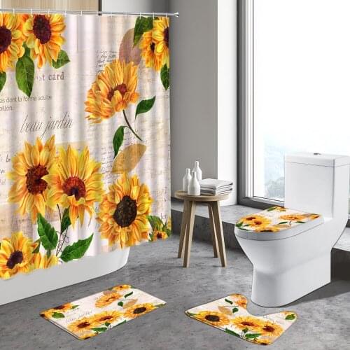 4pcs Floral Shower Curtain Sunflower Green Leaf Red Poppy Watercolor Flower Plant Anti-Slip Rugs Bathroom Mats Toilet Lid Cover