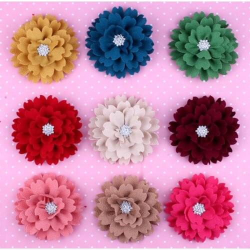 20pcs/lot 3.6" 9 Colors Vintage Artificial Headband Flowers Fashion Fabric Hair Flowers With Bling Rhinestone Button For Girl