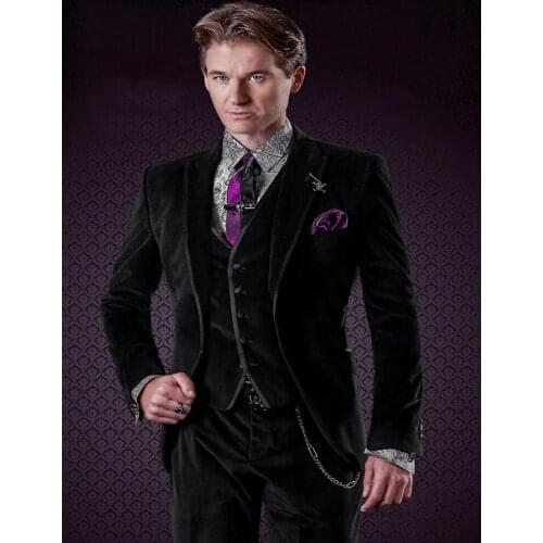 Velvet Groomsmen Peak Lapel Groom Tuxedos Black Men Suits Slim Fit Wedding Best Man Blazer (Jacket+Pants+Vest+Tie) C52