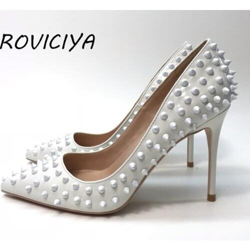 White shoes woman rivets female wedding shoes bride ladies high heel plus size 8-12 cm 33-45 MD011 ROVICIYA