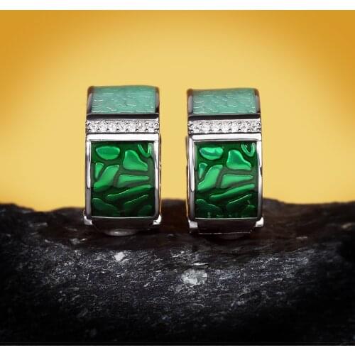 Bohemia Green Enamel Zircon Earrings for Women Solid 925 Sterling Silver Hypoallergenic Ear Stud Vintage Fashion Jewelry