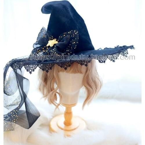 Girl Vintage Japanese deep black Gothic Lolita Halloween Witch Hat Headwear Props Cosplay Party Black stars Lace Bowknot Top hat