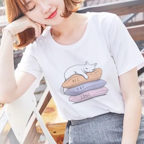 Kawaii Cat T Shirt Women Funny Cartoon Print Tshirt Harajuku Shirt Graphic T-shirt Summer Short Sleeve Fashion Top Tee Female
