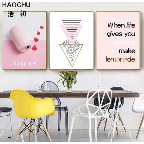 HAOCHU Life is a journey Pink Cans Love Canvas Painting Abstract Geometric Decor Picture Princess Room Wall Art Poster Unframed