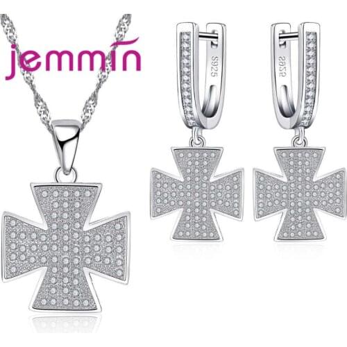 Classic Flower Jewelry Paved Full White Crystal Cross Necklace Earrings Sets Fine 925 Sterling Silver Women Jewelry Sets