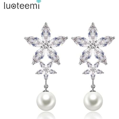 LUOTEEMI Sparkling CZ Crystal Double Flowers Imitation Pearl Pendant Earrings For Women Gilrs Fashion Luxury Jewelry