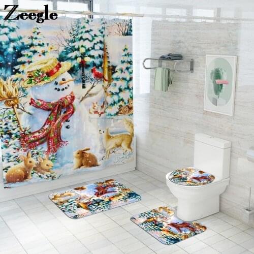 Snowman Printed Bath Mat and Shower Curtain Set Toilet Mat Bathroom Carpet Mat Set Europe Christmas Home Decor Bath Rugs