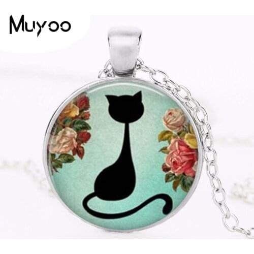 Wholesale Art Glass Cabochon Necklace Cat Kitten Necklace Shabby Chic Cat Round Pendant Girls Glass Cabochon Necklace HZ1