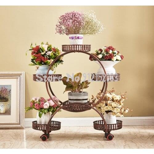 Flower shelf rack balcony wrought iron multi-layer wheeled flower shelf living room decoration floor-standing green flower shelf
