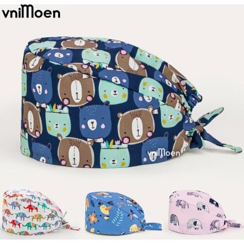Beauty salon scrubs caps pet caring hats Cute printing cotton elastic scrubs caps pet nursing accessories Clean protection hats