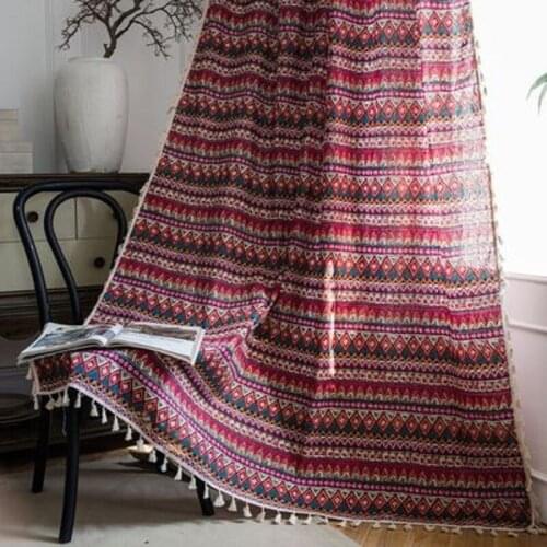 Red Bohemian Curtain Cotton Linen Printing Curtain for Living Room Bedroom Semi-shading Bay Window Curtain Finished Home Decor