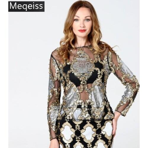 Sexy Runway Designer Beading Sequin Shirt Top Long Sleeve Perspective Sheer Gauze Mesh Lace Blouse Women Clothing Blusa Camisa