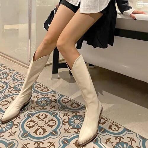 2021 Fashion New But Knee Boots White Thick Heel High Pointed Retro Mid-tube Knight Boots Women