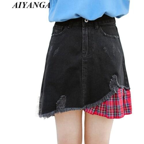 Womens Skirts New Arrival 2019 Women Denim Skirts Patchwork Plaid Skirt Female Casual Fashion Preppy Style Spring Summer Skirt