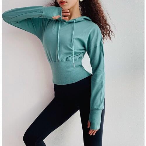 Heyyoga Women Cotton Drawstring Jogger Fitness Cropped Hoodies Pullover with Thumb Holes Hooded Gym Sport Sweatshirts