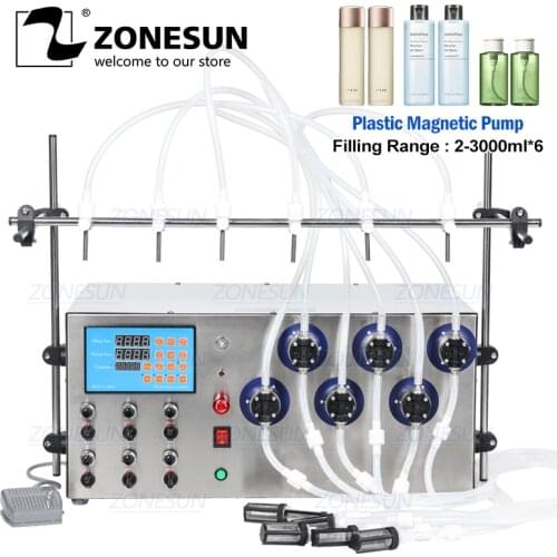 ZONESUN 6Heads Plastic Magnetic Pump Beverage Perfume Water Juice Essential Oil Electric Digital Liquid Bottle Filling Machine