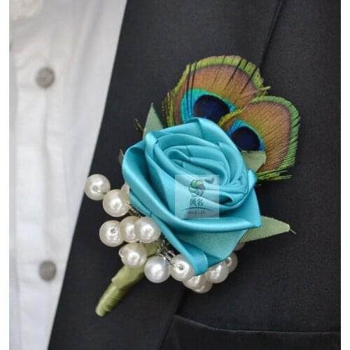 1Piece Luxury Style Blue Rose With Pearls Peacock Feather Wedding Groomsmen Groom Boutonniere Party Prom Man Corsage Suit Brooch
