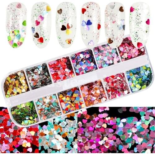 12 Grids Nail Glitter Flakes 3D Charms mixed colors star heart Round Sequins Dust Decoration for Beauty Manicure Tool
