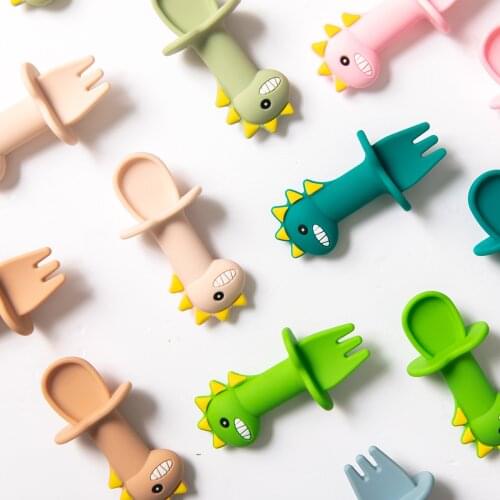 2pcs baby silicone fork spoon feeding cartoon spoon fork feeding school food tableware baby supplies silicone feeder