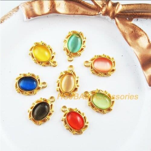 24 New Flower Charms Gold Color Oval Cat eye Stone Mixed Pendants 11x15mm