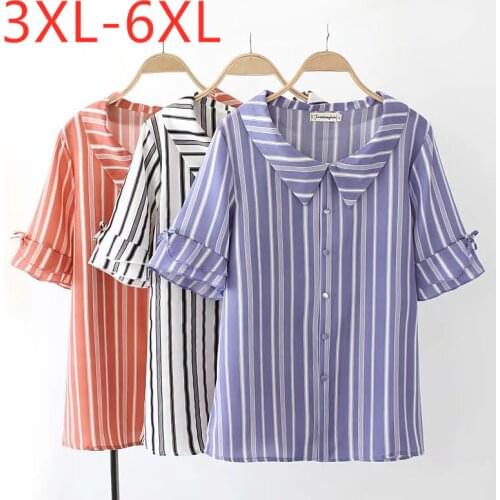 New 2021 summer plus size tops for women large blouse short sleeve casual loose button stripe chiffon shirt blue 3XL 4XL 5XL 6XL