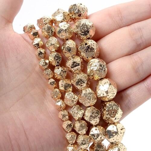 Natural Lava Beads Light Gold Color Plating Faceted Loose Spacer Bead for Jewelry Making DIY Bracelet Accessories 6/8/10/12mm