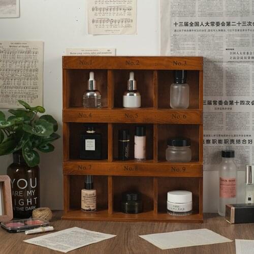 Коробка для хранения Wooden Nine-grid Retro Hand shelf Cosmetics Storages Box Model Display Rack Blind Desktop Storage Case