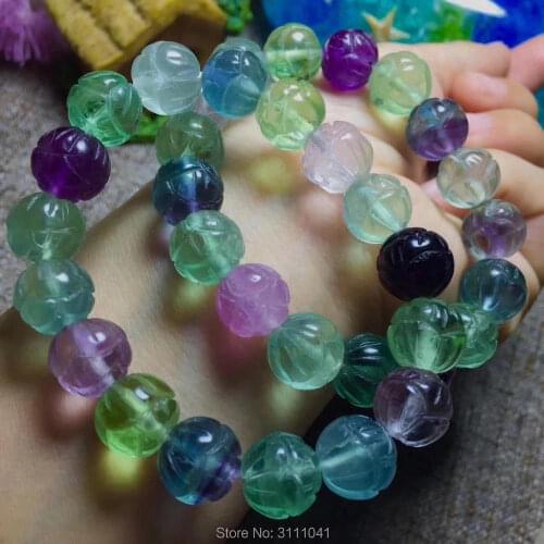 Fluorite round carved flower faceted 10-12mm multicolor bracelet 7.5inch wholesale beads FPPJ