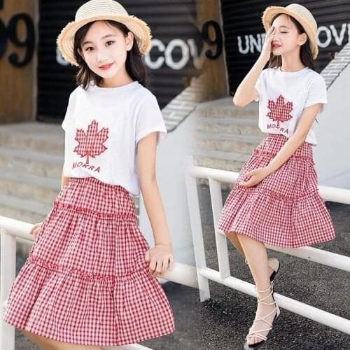 Summer Children Clothing Sets Print Short Sleeve T Shirt & Plaid Skirts 2Pcs Tracksuit For Teenager Girls Korean Clothes New