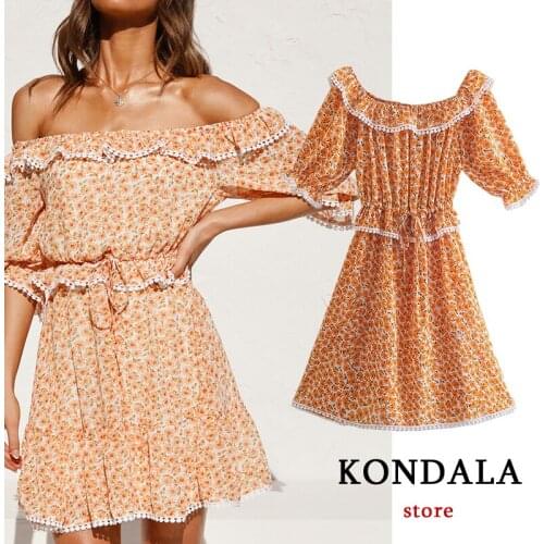 KONDALA Za Vintage Flower Print Women Dress Lace Ruffles Summer Fashion 2021 Mini Dresses Female Short Sleeve Holiday Vestidos
