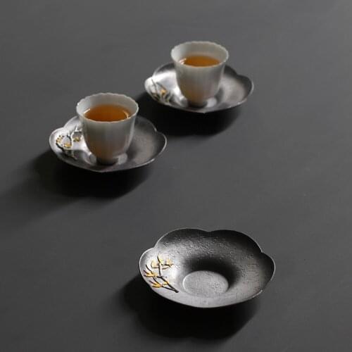 Handmade Tin Tea Cup Tray Plum Orchid Bamboo Chrysanthemum Lotus Pine Round Coffee Cup Coaster Anti Scald Anti Skid Cup Mat