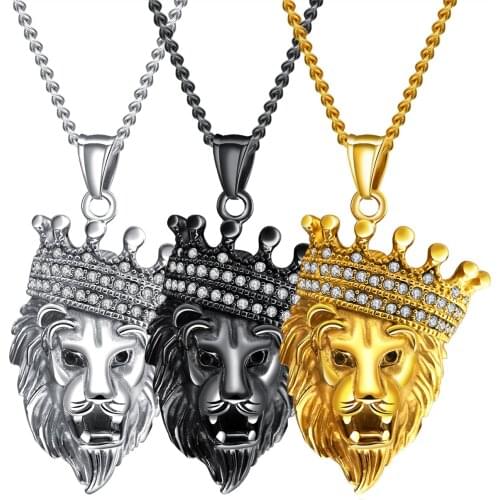 Fashion Stainless Steel Zirconia Crown Lion Pendant Necklace Punk Jewelry Gift For Men