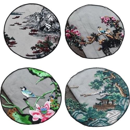 Chinese Style Flower Bird Embroidered Patches Sew On Watercolour Lotus Appliques Lace Cloth Sticker Clothes Dress Decor