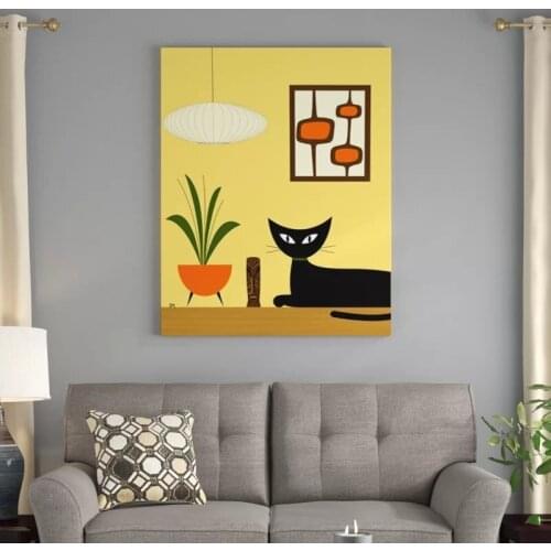 Wall Art Canvas Cat Cartoon Black Yellow Cute Gift Print Posters Painting Picture Home Decor Living Room Modern Artwork Modular