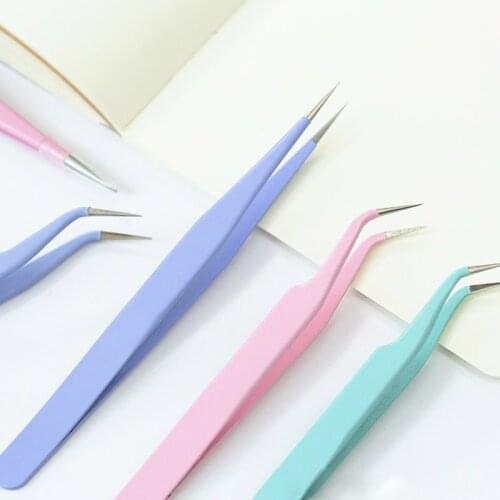 2pcs Macaron Metal Eyelash Extension Tweezers Straight + Bend Fake Lashes Nippers Anti-static Nail DIY Diamond Painting Tool