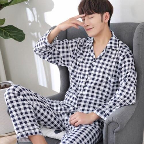 Mens Pajamas Set Autumn Winter Nightgown Long Sleeve & Long Pants Sleepwear Elastic Waist Pajamas for Leisure Home