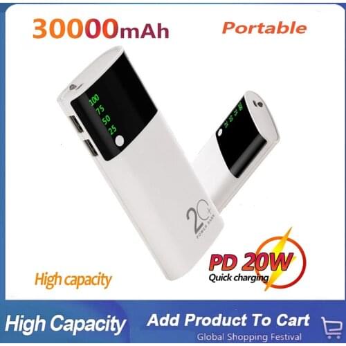 White Power Bank Double USB Digital Display Powerbank 30000mah Fast Charger Portable External Battery Flashlight Xiaomi Samsung