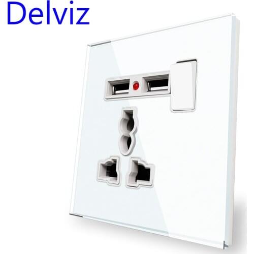 Delviz Universal USB Socket, 2.1A Dual USB Charger speedy Port, LED indicator, Tempered glass Panel, EU Wall 3 Hole Power Socket