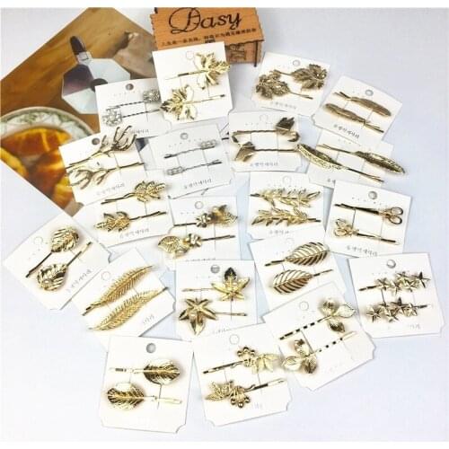 1 Pair Fashion Metal Golden Leaves Hair Clip Elegant Star Round for Women Girls Sweet Hairpins Barrettes Hair Accessories