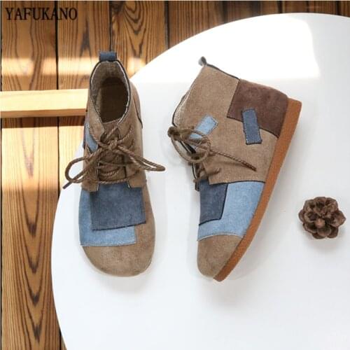 Mori Girl Literary Retro Patch Color Matching Round Toe Flat Women Shoes Handmade Comfort Soft Bottom Martin Boots Ankle Boots