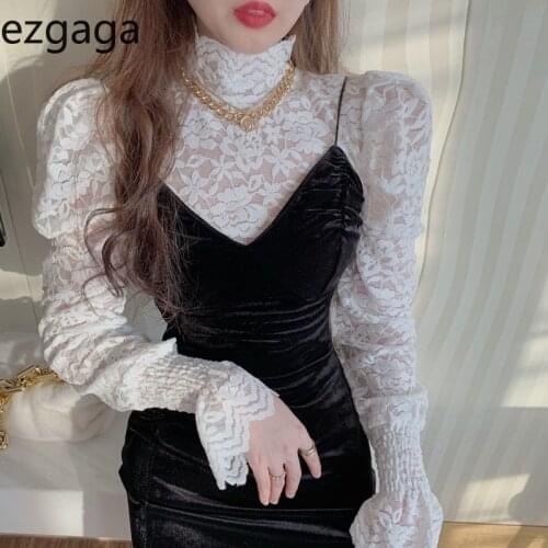 Ezgaga Two Piece Set Women Velvet Split V-Neck Sexy Spaghetti Strap Dress Elegant Floral Hollow Out Blouse Shirts Party Fashion