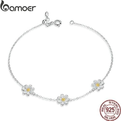 Bamoer Daisy Flower Link Bracelet for Women Genuine 925 Sterling Silver Fresh Lovely Gifts Anti-allergy Gift Fine Jewelry SCB165
