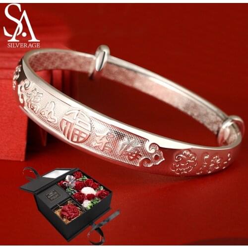 SA SILVERAGE 37g 999 Sterling Silver Solid Bracelet Womens Elderly Silver Bracelet Mothers Style Jelewery Send Parents 2021