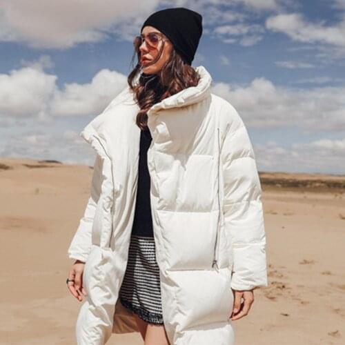 FNOCE 2020 winter womens White Duck down Jacket fashion solid Zipper Stand Collar Thickened warm Long Sleeve irregular down coat