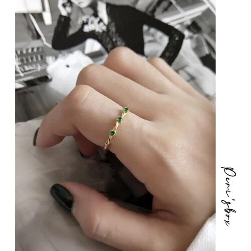 PerisBox 2 Designs Green CZ Stone Twisted Rings Thin 925 Sterling Silver Geometric Rings for Women Vintage Ring Adjustable