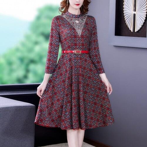Floral Embroidery Elegant Vintage Midi Dress 2021 Women Office Lady Vestidos Spring Autumn Bodycon Long Sleeve Red Print Dresses