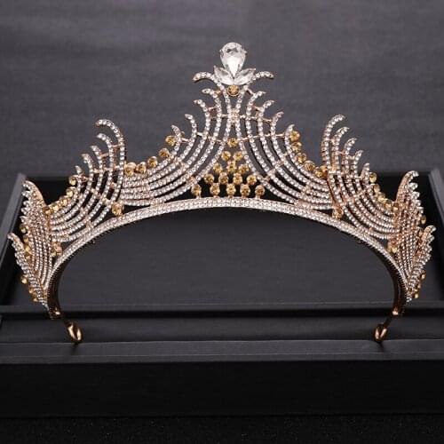 AiliBride Gold Crown Yellow Crysta Tiara for Wedding Bridal Crown Rhinestone Headpiece Head Jewelry Wedding Hair Accessories