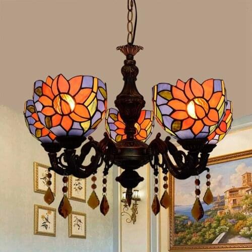 American Pastoral Mediterranean Creative Tiffany Multi-Color Glass Restaurant Bedroom Bar Taiyanghua 5-Head Hanging