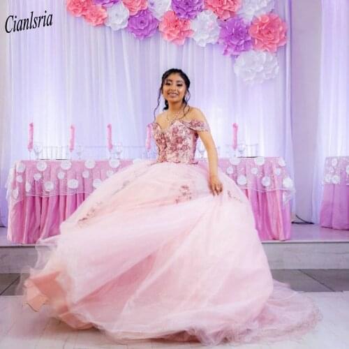 Pink Appliques Handmade Flowers Ball Gown Quinceanera Dresses Sleeveless Off The Shoulder Sweet 16 Dress Vestido De 15 Anos